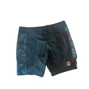 Travis Matthew Board Shorts Mens 32 Swim Trunks Navy w/ Hawaiian Pattern On Side